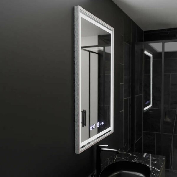 Téglalap alakú LED Tükör, 60x80cm, Verite Imperial Silver Motion Glow Marcello, Páramentesítő Rendszer, Óra és Hőmérő, Szabályoz