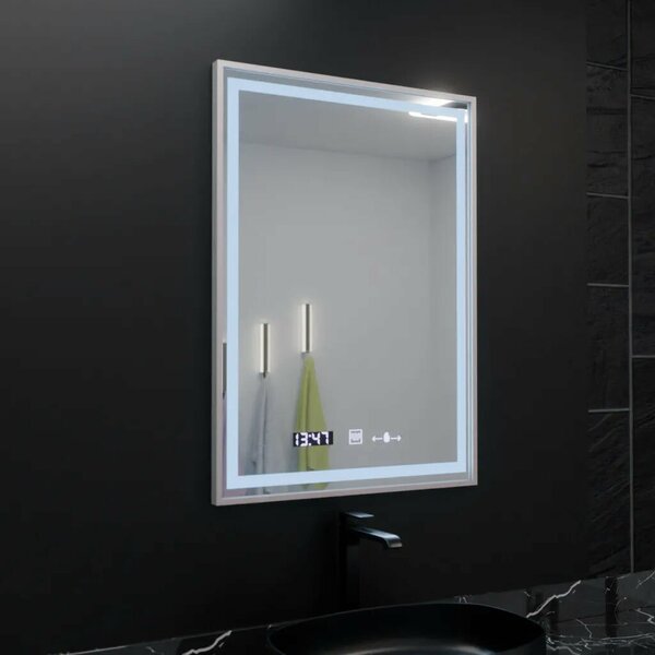 Téglalap alakú LED Tükör, 60x80cm, Verite Imperial Silver Motion Glow Marcello, Páramentesítő Rendszer, Óra és Hőmérő, Szabályoz