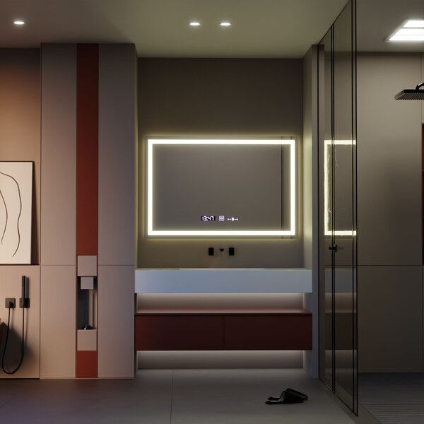 Téglalap alakú LED tükör 120x80cm mozgásérzékelővel, páramentesítővel, órával és hőmérővel, szabályozható fényerővel