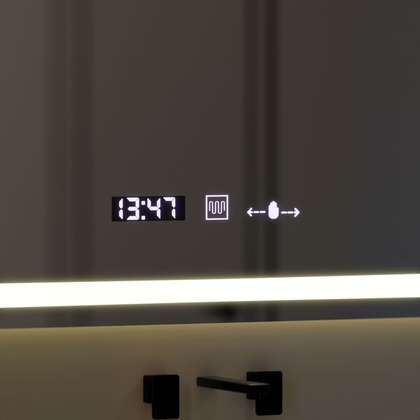 Téglalap alakú LED tükör 120x80cm mozgásérzékelővel, páramentesítővel, órával és hőmérővel, szabályozható fényerővel