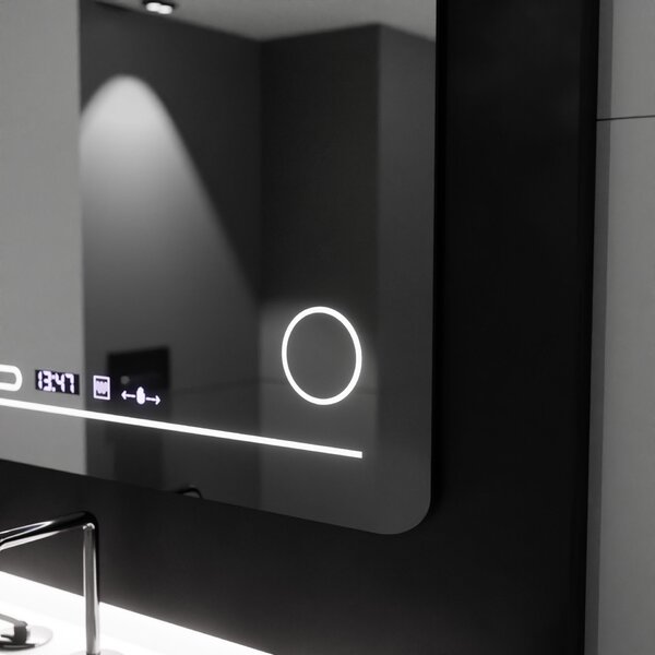 Téglalap alakú LED tükör, 80x60cm, Harmonie MotionGlow Marcello, páramentesítő rendszer, hőmérő és óra, kozmetikai nagyító, fényerő-szabályozható