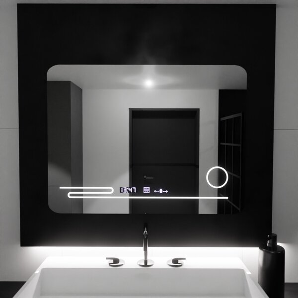 Téglalap alakú LED tükör, 80x60cm, Harmonie MotionGlow Marcello, páramentesítő rendszer, hőmérő és óra, kozmetikai nagyító, fényerő-szabályozható