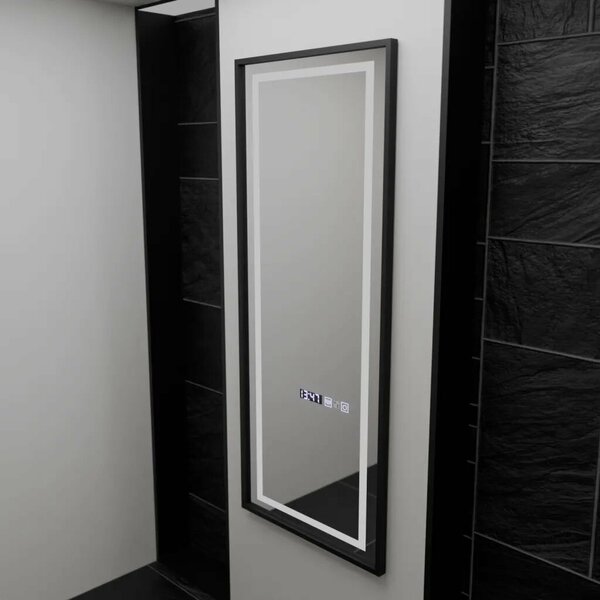 Téglalap alakú LED tükör, 60x150cm, fehér, radar szenzor, páramentesítő, óra és hőmérő, szabályozható fényerő