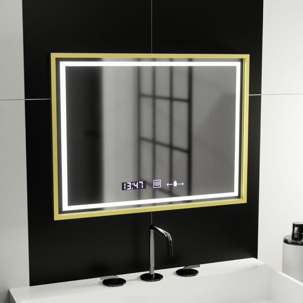 Téglalap alakú LED tükör, 80x60cm, Verite Royale Gold MotionGlow Marcello, páramentesítő rendszer, óra és hőmérő, fényerő-szabályozható