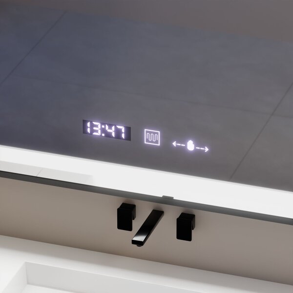 Téglalap alakú LED Tükör, 80x60cm, Fekete Kerettel, Mozgásérzékelővel, Páramentesítő Rendszerrel, Órával és Hőmérővel, Szabályoz