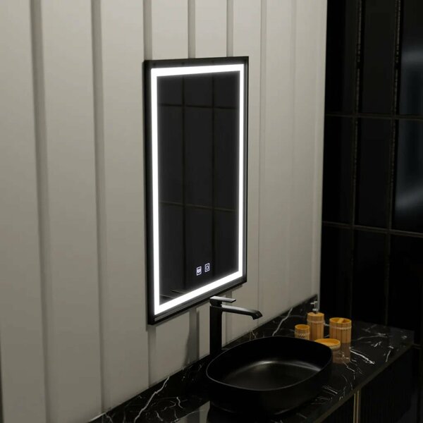 Téglalap alakú LED tükör 60x90cm EDGE érintőképernyős páramentesítő rendszerrel, fekete kerettel