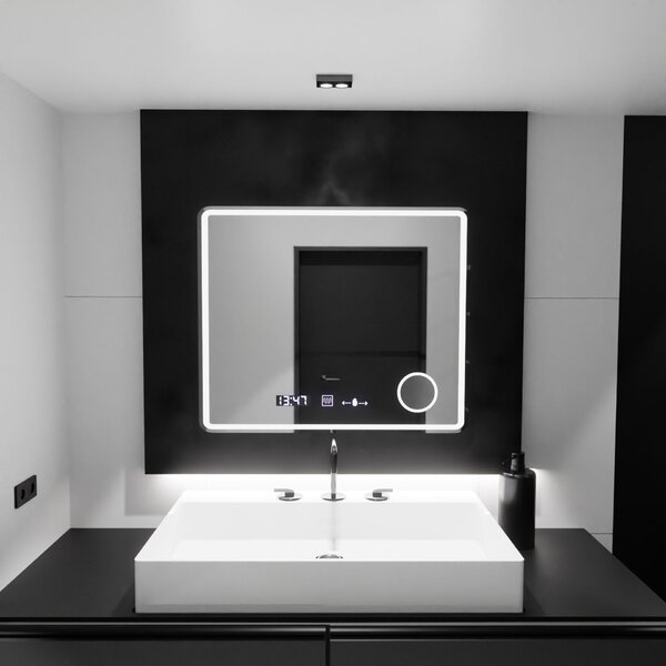 Téglalap alakú LED tükör, 90x75cm, Riflesso MotionGlow Marcello, páramentesítő rendszer, óra és hőmérő, kozmetikai nagyító, fényerő-szabályozható
