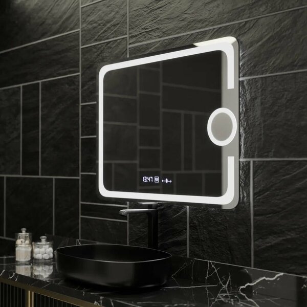 Téglalap alakú LED tükör, 80x60cm, Eclat MotionGlow Marcello, páramentesítő rendszer, óra és hőmérő, kozmetikai nagyító, fényerő-szabályozható