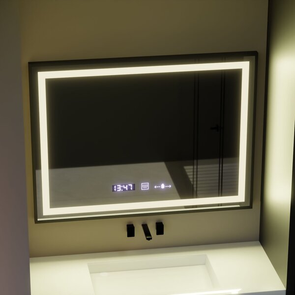 Téglalap alakú LED Tükör, 80x60cm, Fekete Kerettel, Mozgásérzékelővel, Páramentesítő Rendszerrel, Órával és Hőmérővel, Szabályoz