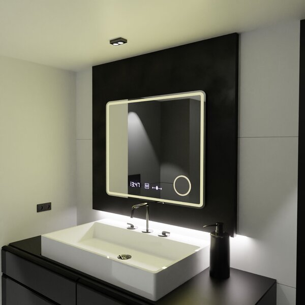 Téglalap alakú LED tükör, 90x75cm, Riflesso MotionGlow Marcello, páramentesítő rendszer, óra és hőmérő, kozmetikai nagyító, fényerő-szabályozható