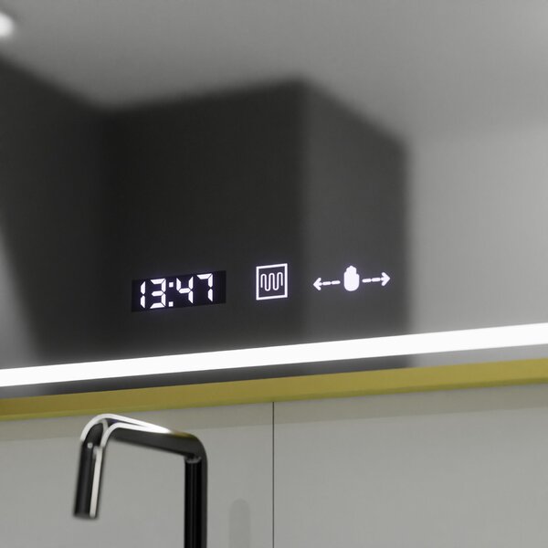 Téglalap alakú LED tükör, 80x60cm, Verite Royale Gold MotionGlow Marcello, páramentesítő rendszer, óra és hőmérő, fényerő-szabályozható