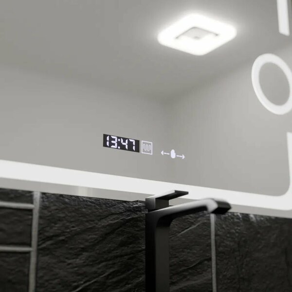 Téglalap alakú LED tükör, 80x60cm, Eclat MotionGlow Marcello, páramentesítő rendszer, óra és hőmérő, kozmetikai nagyító, fényerő-szabályozható