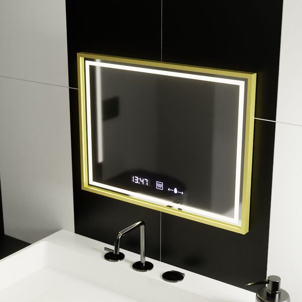 Téglalap alakú LED tükör, 80x60cm, Verite Royale Gold MotionGlow Marcello, páramentesítő rendszer, óra és hőmérő, fényerő-szabályozható
