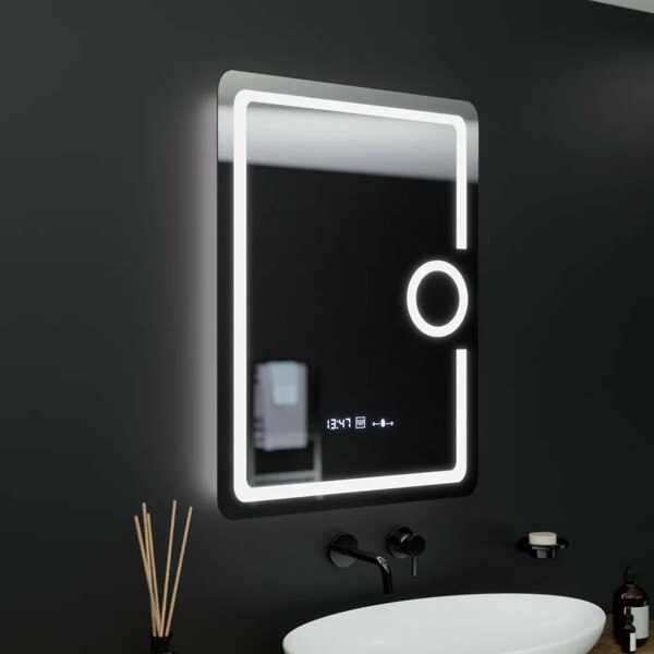 Téglalap alakú LED tükör, 60x80cm, Eclat MotionGlow Marcello, órával és hőmérővel, párátlanító rendszerrel, kozmetikai nagyítóva