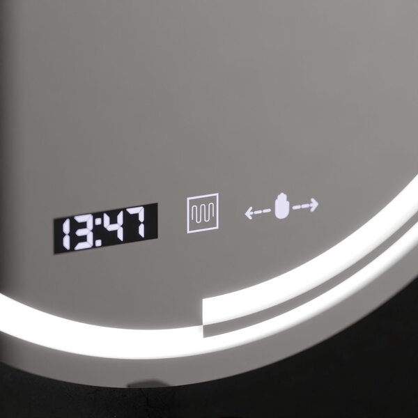 Kerek LED tükör, 60 cm, MotionGlow érzékelő Consuel Marcello, Páramentesítő rendszer, Óra és hőmérő, Szabályozható fényerő