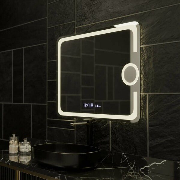 Téglalap alakú LED tükör, 80x60cm, Eclat MotionGlow Marcello, páramentesítő rendszer, óra és hőmérő, kozmetikai nagyító, fényerő-szabályozható