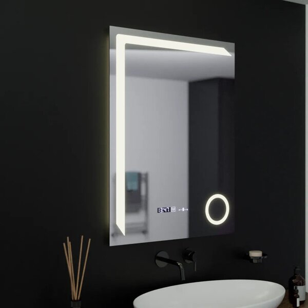 Téglalap alakú LED tükör, 60x80cm, MotionGlow mozgásérzékelő, páramentesítő rendszer, óra és hőmérő, kozmetikai nagyító, szabály