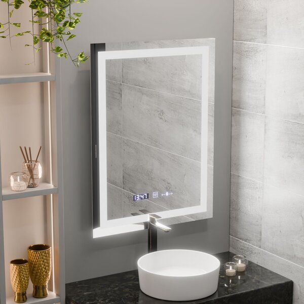 Téglalap alakú LED Tükör, 60x80cm, Verite MotionGlow Marcello, Páramentesítő Rendszer, Óra és Hőmérő, Szabályozható Fényerő