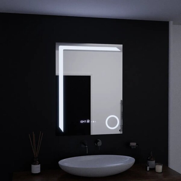 Téglalap alakú LED tükör, 60x80cm, MotionGlow mozgásérzékelő, páramentesítő rendszer, óra és hőmérő, kozmetikai nagyító, szabály