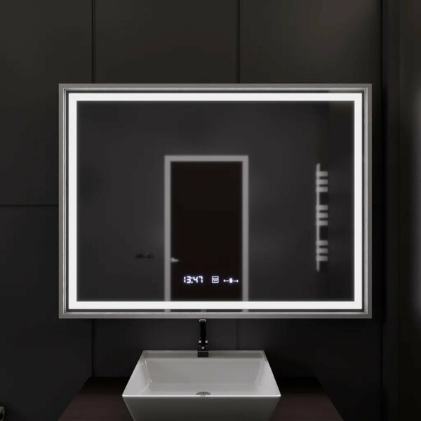 Téglalap alakú LED Tükör, 120x80cm, Ezüst Kerettel Mozgásérzékelő Fénnyel, Páramentesítő Rendszerrel, Órával és Hőmérővel, Szabá