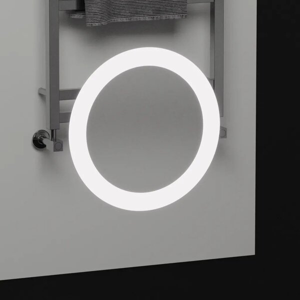 Téglalap alakú LED tükör, 60x80cm, MotionGlow mozgásérzékelő, páramentesítő rendszer, óra és hőmérő, kozmetikai nagyító, szabály