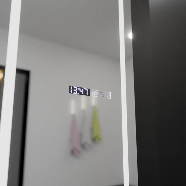 Téglalap alakú LED Tükör, 45x140cm, Giulia Radar Szenzor Marcello, Páramentesítő Rendszer, Óra és Hőmérő, Szabályozható Fényerő