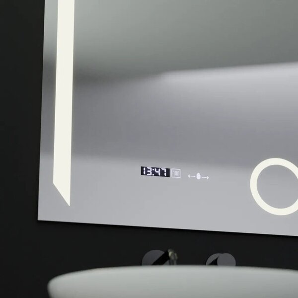 Téglalap alakú LED tükör, 60x80cm, MotionGlow mozgásérzékelő, páramentesítő rendszer, óra és hőmérő, kozmetikai nagyító, szabály
