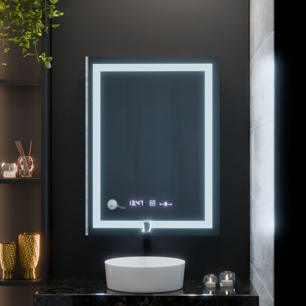 Téglalap alakú LED Tükör, 60x80cm, Verite MotionGlow Marcello, Páramentesítő Rendszer, Óra és Hőmérő, Szabályozható Fényerő