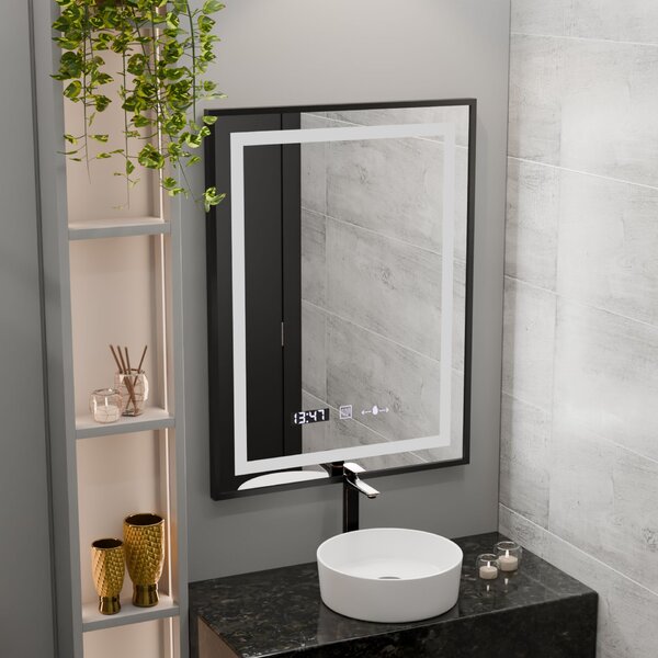 LED Tükör, Téglalap alakú, 50x70 cm, Verite Majeste Noir Motion Glow Marcello, páramentesítő rendszer, óra és hőmérő, dimmelhető