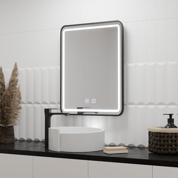 Téglalap alakú LED tükör, 60x80cm, EDGE Touch, páramentesítő rendszer, fekete keret