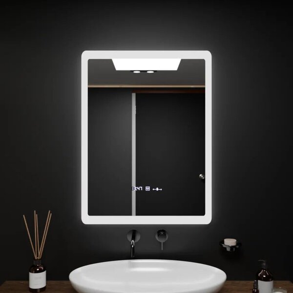 Téglalap alakú LED tükör, 60x80cm, ELANCEE MotionGlow Marcello szenzor, páramentesítő rendszer, óra és hőmérő, fényerő-szabályozható