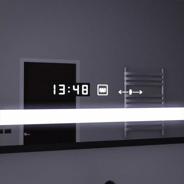 Téglalap alakú LED tükör, 120x80cm, Marcello MotionGlow érzékelő, páramentesítő rendszer, óra és hőmérő, kozmetikai nagyító, fényerő-szabályozható