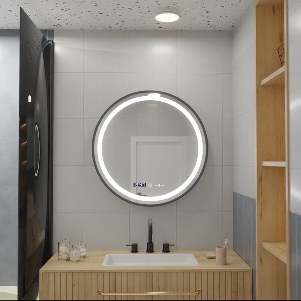 Kerek LED tükör, 80cm, Celeste Majeste Noir MotionGlow Marcello, Páramentesítő rendszer, Óra és hőmérő, Szabályozható fényerő
