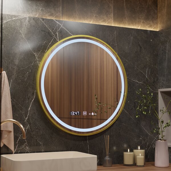 Kerek LED Tükör, 70cm, Celeste Royale Arany MotionGlow Marcello, Páramentesítő Rendszer, Óra & Hőmérő, Szabályozható Fényerő