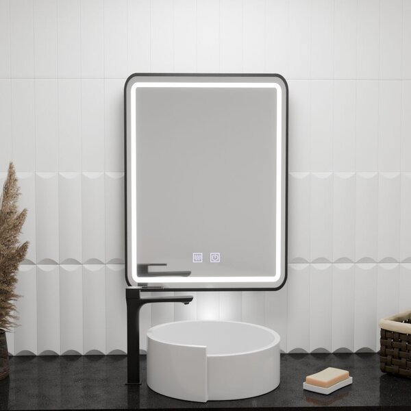Téglalap alakú LED tükör, 60x80cm, EDGE Touch, páramentesítő rendszer, fekete keret