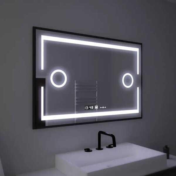 Téglalap alakú LED tükör, 120x80cm, Marcello MotionGlow érzékelő, páramentesítő rendszer, óra és hőmérő, kozmetikai nagyító, fényerő-szabályozható