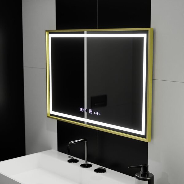 Téglalap alakú LED tükör, 100x65cm, Verite Royale Gold Motion Glow Marcello, Páramentesítő rendszer, Óra és Hőmérő, Szabályozható Fényerő