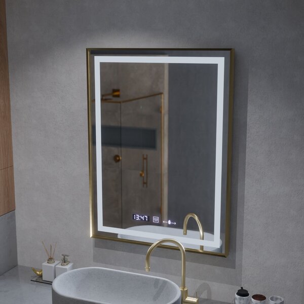 Téglalap alakú LED tükör, 60x80cm, Verite Royale Gold MotionGlow Marcello, páramentesítő rendszer, óra és hőmérő, fényerő-szabályozható