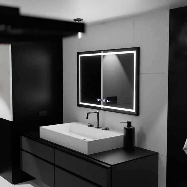 Téglalap alakú LED Tükör, 120x80cm, Verite Majeste Noir Motion Glow Marcello, Páramentesítő Rendszer, Óra és Hőmérő, Szabályozha