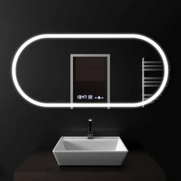 Ovális LED tükör, 80x50cm, Altera MotionGlow Marcello szenzor, páramentesítő rendszer, óra és hőmérő, fényerő-szabályozható
