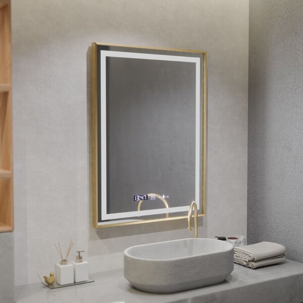 Téglalap alakú LED tükör, 60x80cm, Verite Royale Gold MotionGlow Marcello, páramentesítő rendszer, óra és hőmérő, fényerő-szabályozható