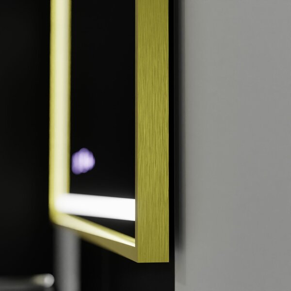 Téglalap alakú LED tükör, 100x65cm, Verite Royale Gold Motion Glow Marcello, Páramentesítő rendszer, Óra és Hőmérő, Szabályozható Fényerő