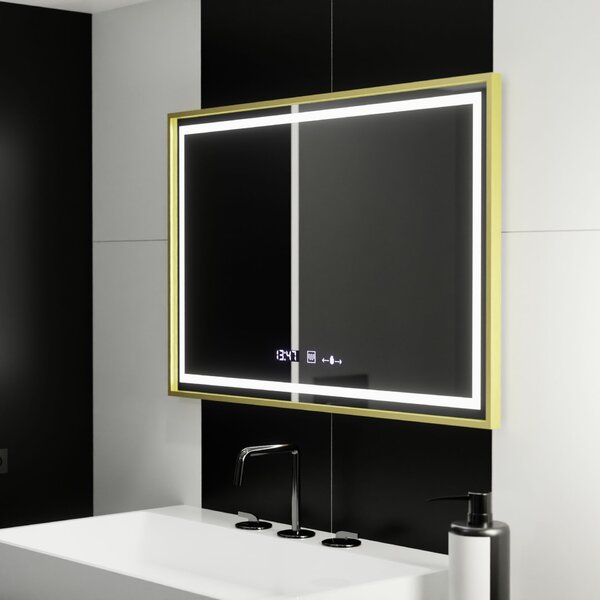 Téglalap alakú LED tükör, 120x80cm, Verite Royale Gold MotionGlow Marcello, páramentesítő rendszer, óra és hőmérő, fényerő-szabályozható