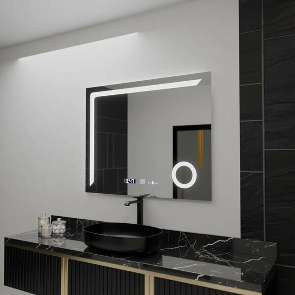 Téglalap alakú LED Tükör, 100x80cm, MotionGlow Marcello, Páramentesítő Rendszer, Óra és Hőmérő, Kozmetikai Nagyító, Szabályozhat