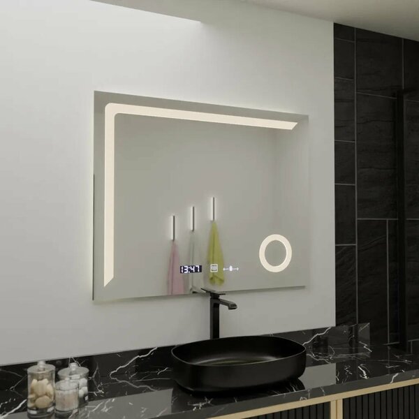Téglalap alakú LED Tükör, 100x80cm, MotionGlow Marcello, Páramentesítő Rendszer, Óra és Hőmérő, Kozmetikai Nagyító, Szabályozhat
