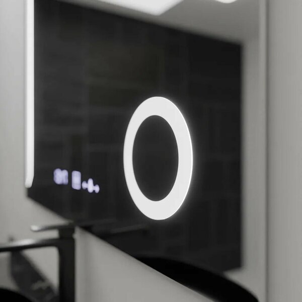 Téglalap alakú LED Tükör, 100x80cm, MotionGlow Marcello, Páramentesítő Rendszer, Óra és Hőmérő, Kozmetikai Nagyító, Szabályozhat