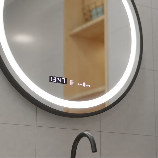 Kerek LED Tükör, 70cm, Fekete MotionGlow, Páramentesítő Rendszer, Óra & Hőmérő, Szabályozható Fényerővel
