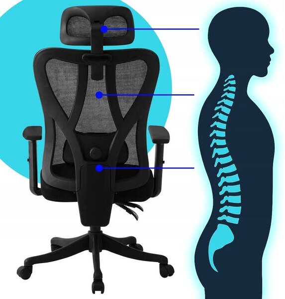 Ergonomikus irodaszék, Zola, állítható háttámlával, fejtámlával és karfával, állítható magassággal, forgó kerekekkel, hálóval, 132/122 x 70.5 x 65 cm, fekete