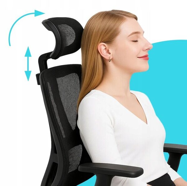 Ergonomikus irodaszék, Zola, állítható háttámlával, fejtámlával és karfával, állítható magassággal, forgó kerekekkel, hálóval, 132/122 x 70.5 x 65 cm, fekete