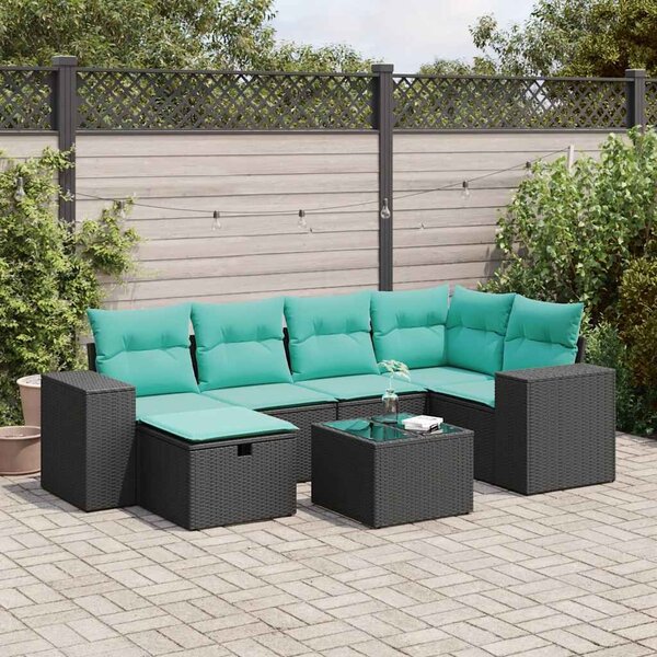 VidaXL 7 részes fekete polyrattan kerti ülőgarnitúra párnával
